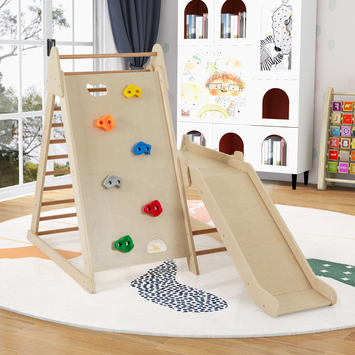 3-In-1 Jungle Gym with Extended Slide and Rock Climbing-Colourful