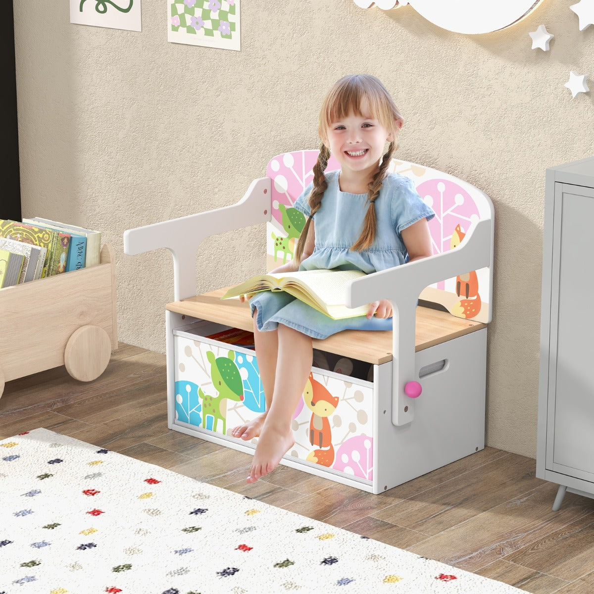 3 in 1 Kids Convertible Activity Bench with 2 Removable Fabric Bins for Drawing Playing-Grey