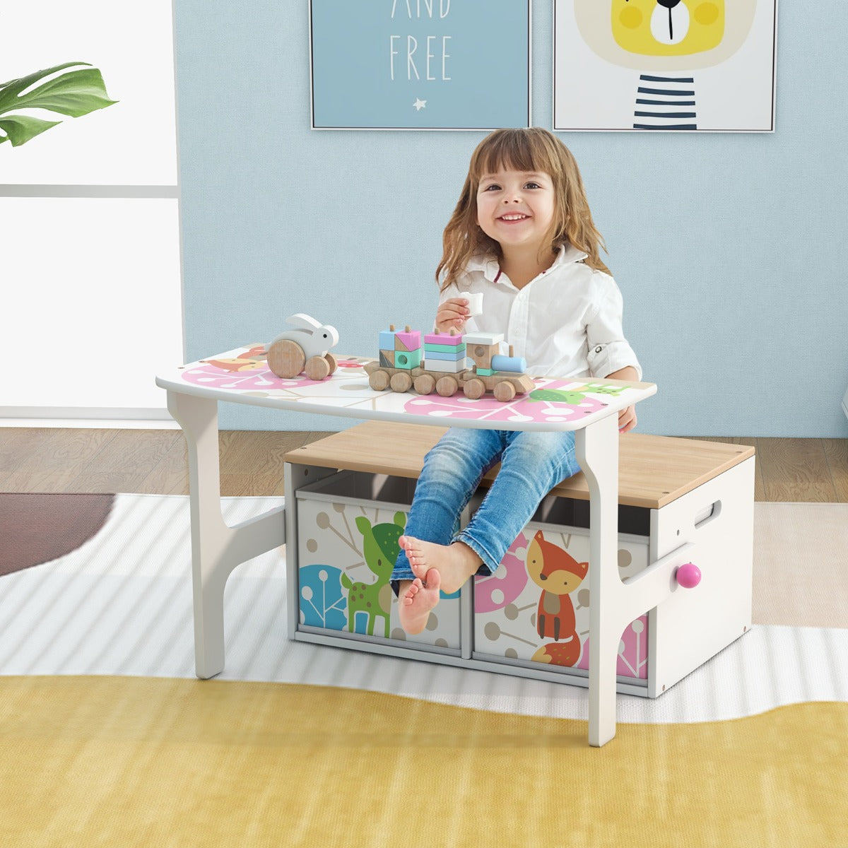 3 in 1 Kids Convertible Activity Bench with 2 Removable Fabric Bins for Drawing Playing-Grey