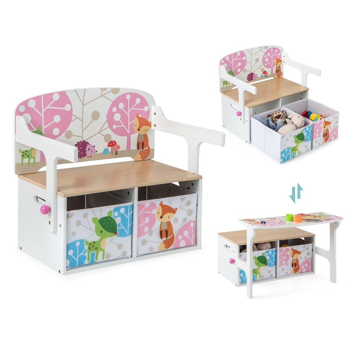 3 in 1 Kids Convertible Activity Bench with 2 Removable Fabric Bins for Drawing Playing-Grey