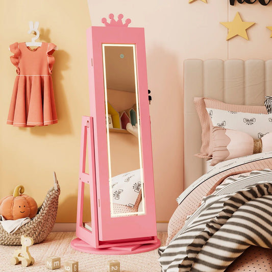 3 In 1 Kids Jewelry Cabinet 360° Swivel Jewelry Armoire with Mirror-Pink