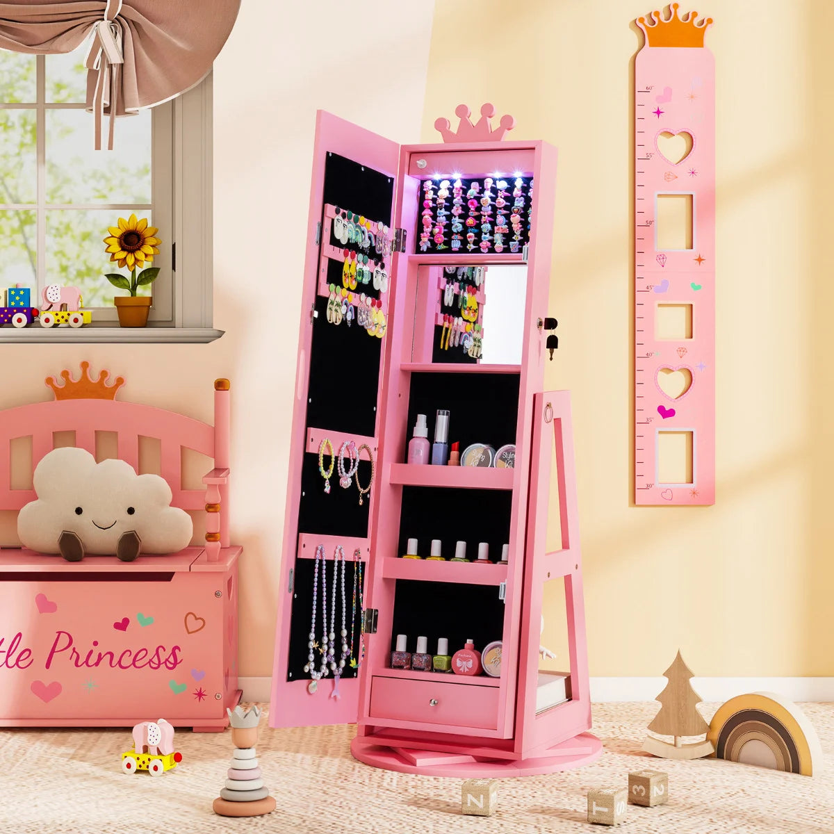 3 In 1 Kids Jewelry Cabinet 360° Swivel Jewelry Armoire with Mirror-Pink