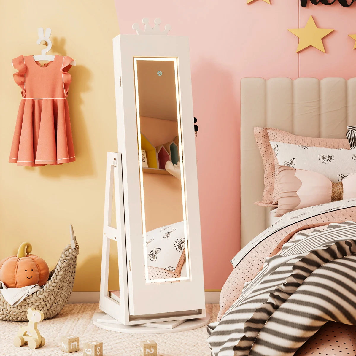 3 In 1 Kids Jewelry Cabinet 360° Swivel Jewelry Armoire with Mirror-Pink