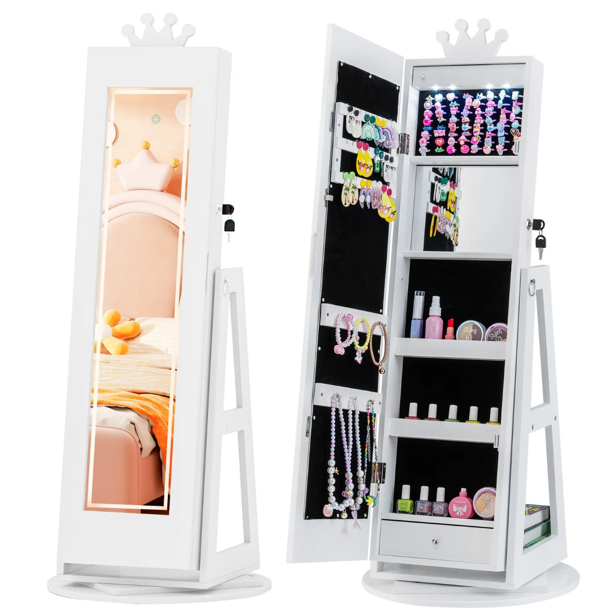 3 In 1 Kids Jewelry Cabinet 360° Swivel Jewelry Armoire with Mirror-Pink