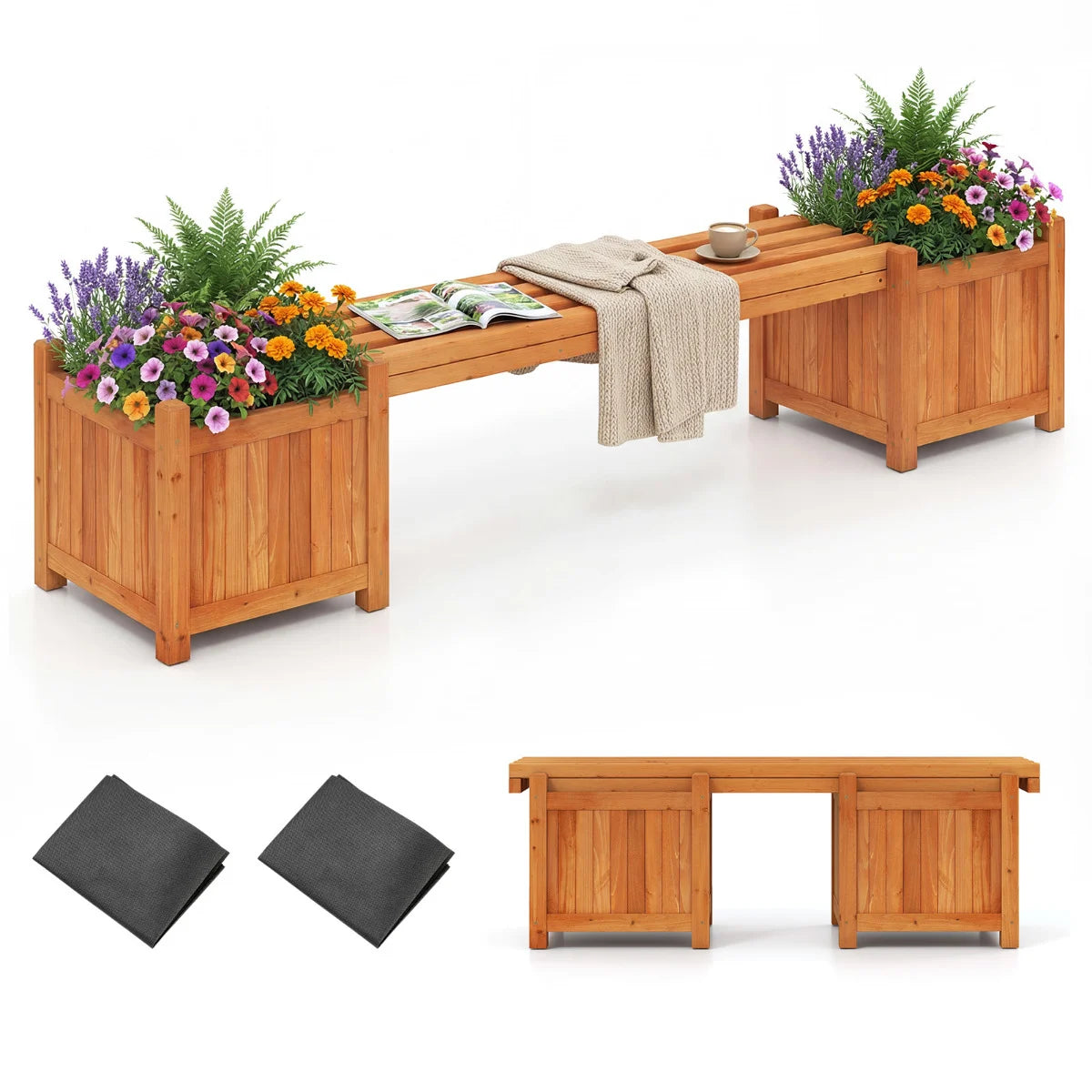 3-in-1 Outdoor Planter Box with Bench and 2 Side Garden Beds-Natural