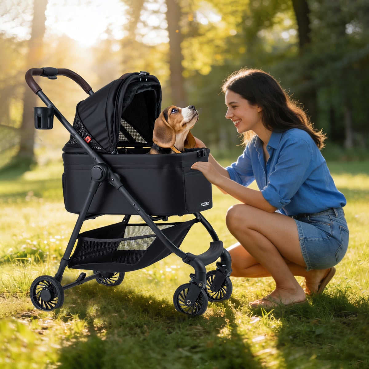 3-in-1 Pet Stroller One-hand Folding  Dog Stroller Car Seat-Black