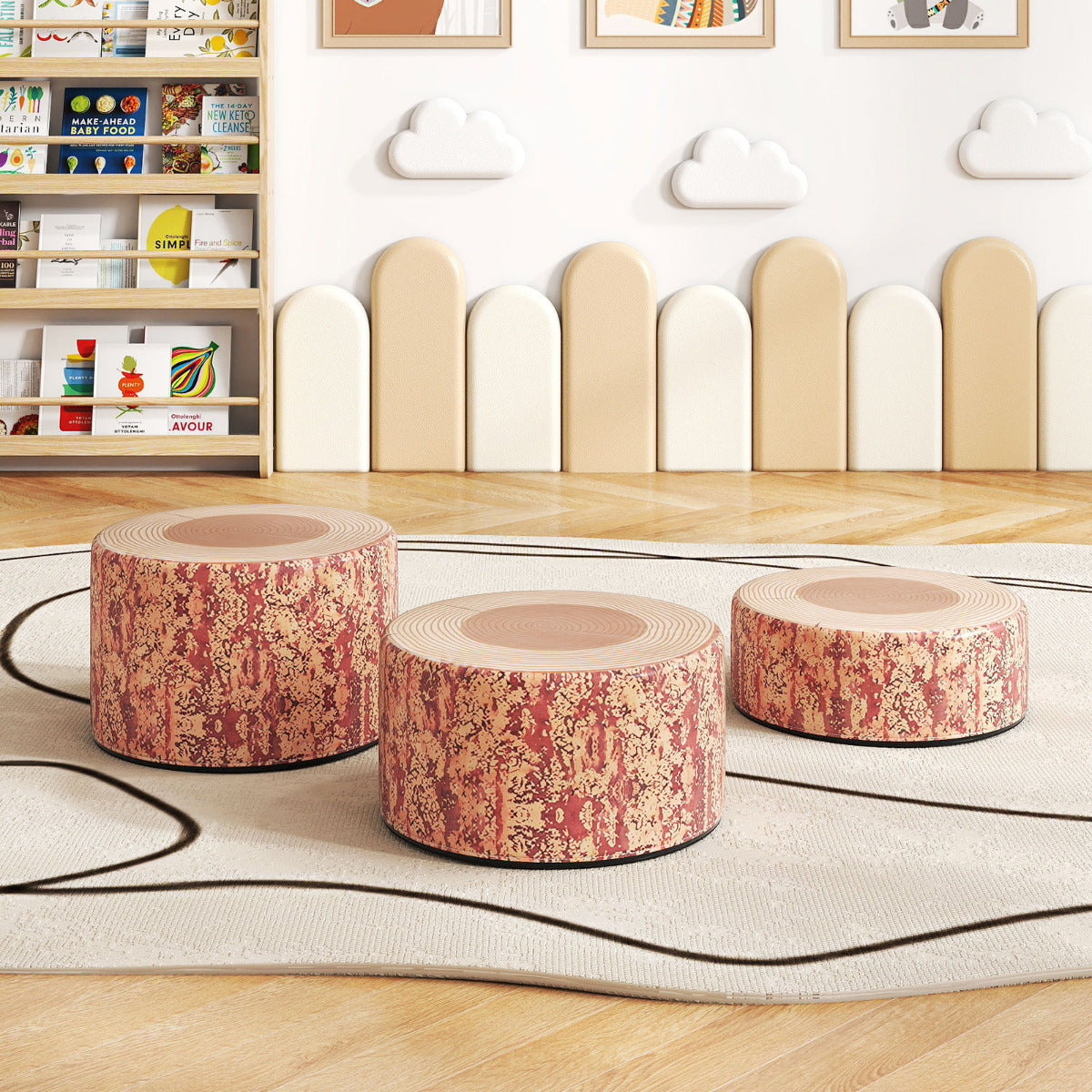 3 PCS Tree Stump Stool Set Round Flexible Seatings-Brown