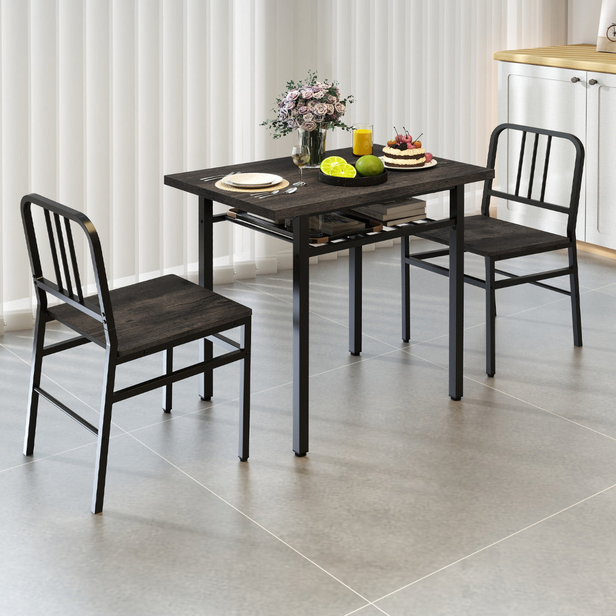 3-Piece Dining Table Set with Storage Rack and Metal Legs-Grey