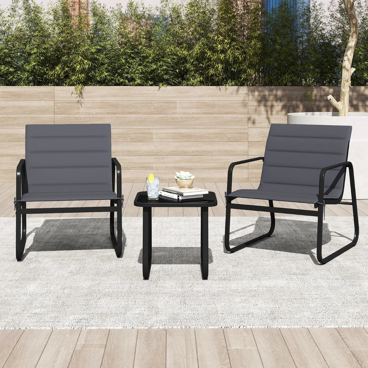 3 Piece Patio Bistro Set with Removable Cushions and Tempered Glass Tabletop-Grey