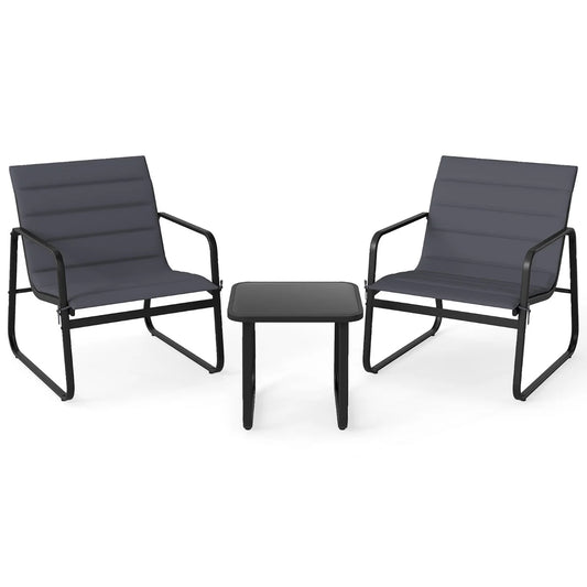 3 Piece Patio Bistro Set with Removable Cushions and Tempered Glass Tabletop-Grey