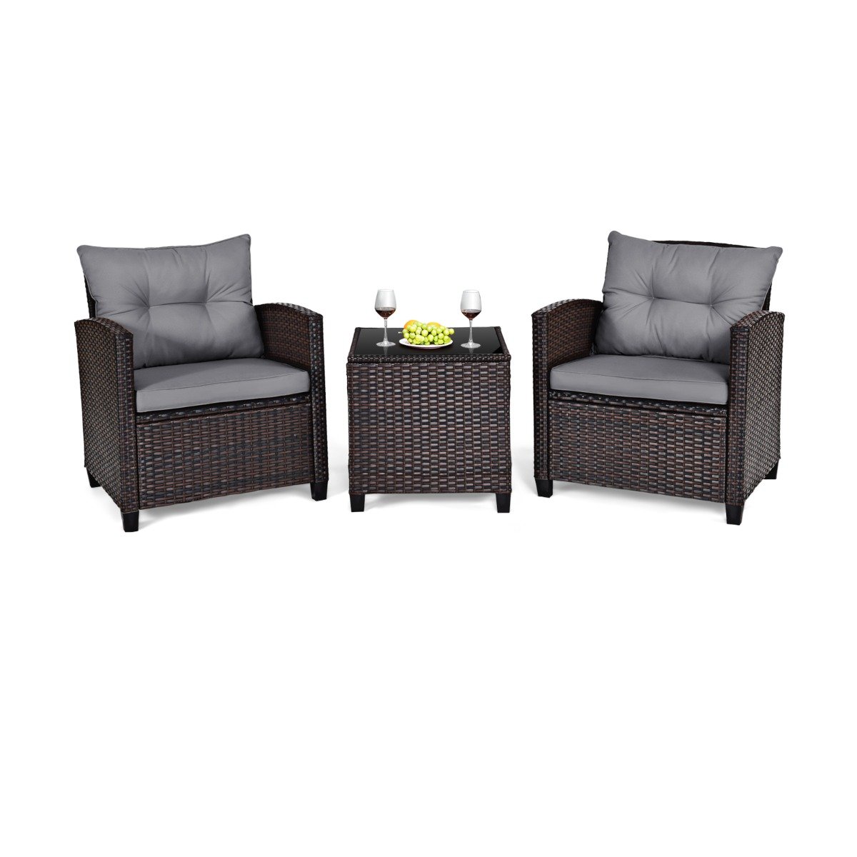 3 Piece Patio Rattan Furniture Set for Porch Balcony Garden Yard-Beige