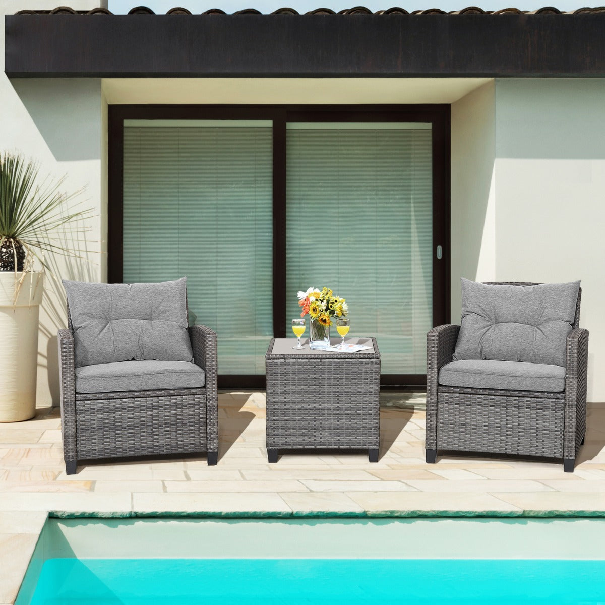 3 Piece Patio Rattan Sofa Set with Solid Tempered Glass Tabletop and Heavy-Duty Steel Frame-Navy