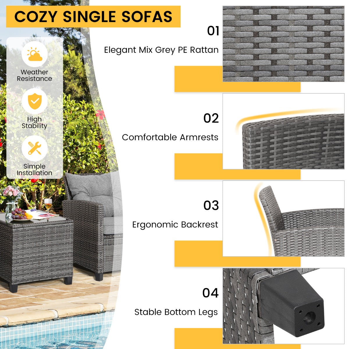 3 Piece Patio Rattan Sofa Set with Solid Tempered Glass Tabletop and Heavy-Duty Steel Frame-Navy