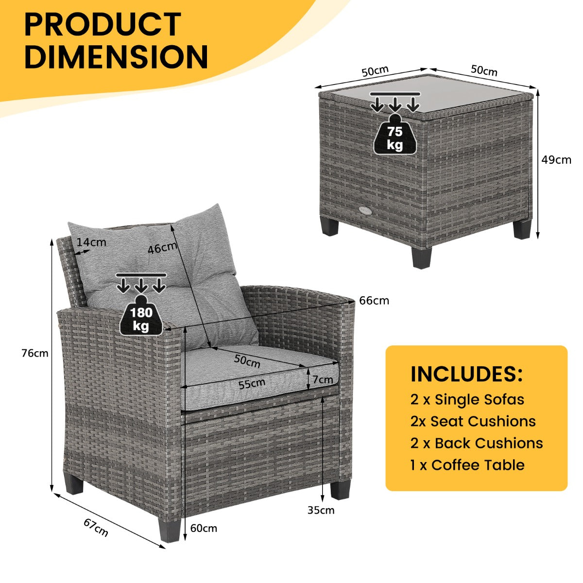 3 Piece Patio Rattan Sofa Set with Solid Tempered Glass Tabletop and Heavy-Duty Steel Frame-Navy