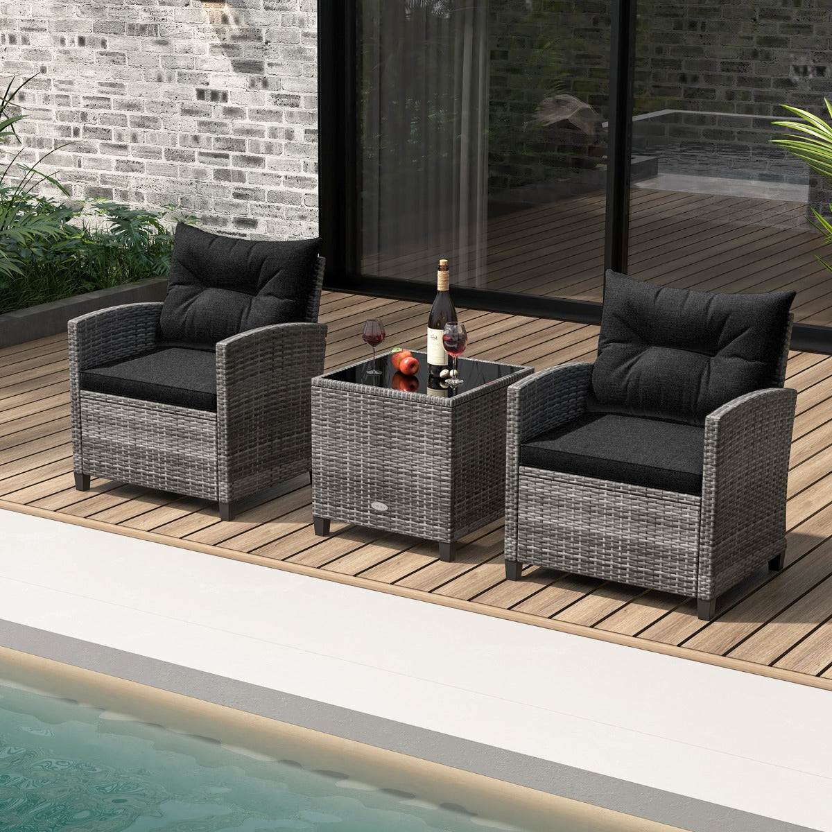 3 Piece Patio Rattan Sofa Set with Solid Tempered Glass Tabletop and Heavy-Duty Steel Frame-Navy