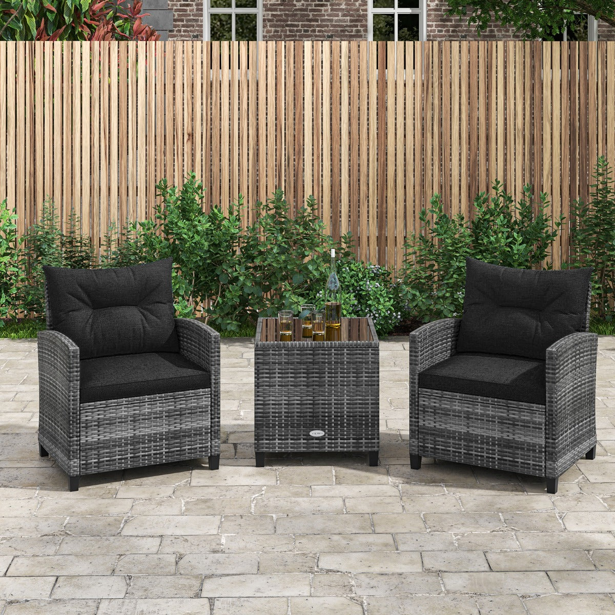 3 Piece Patio Rattan Sofa Set with Solid Tempered Glass Tabletop and Heavy-Duty Steel Frame-Navy