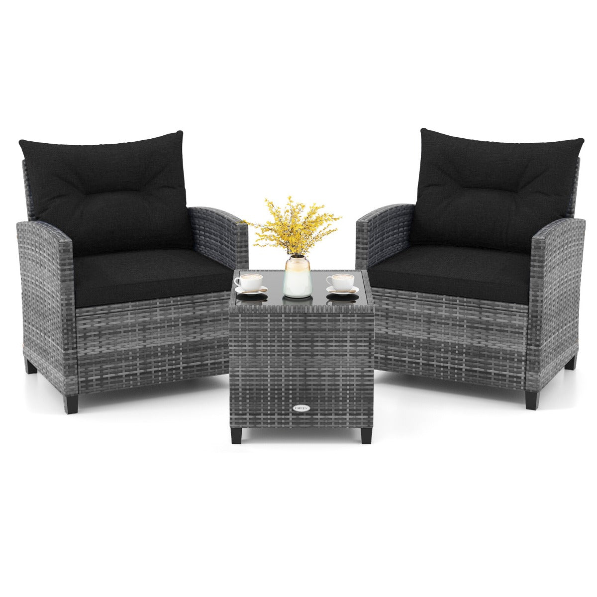 3 Piece Patio Rattan Sofa Set with Solid Tempered Glass Tabletop and Heavy-Duty Steel Frame-Navy