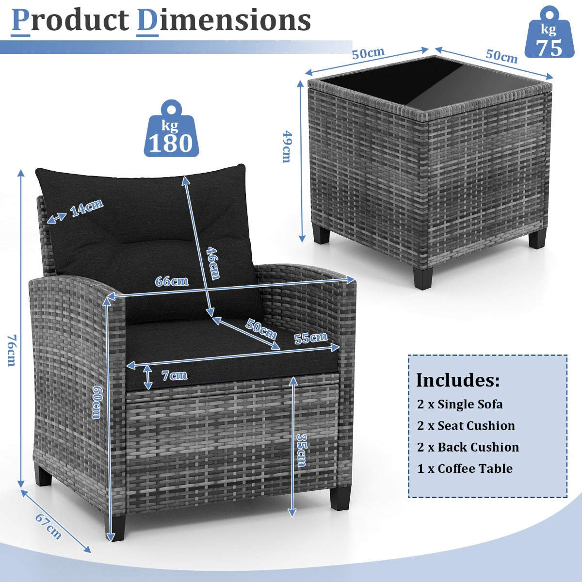 3 Piece Patio Rattan Sofa Set with Solid Tempered Glass Tabletop and Heavy-Duty Steel Frame-Navy