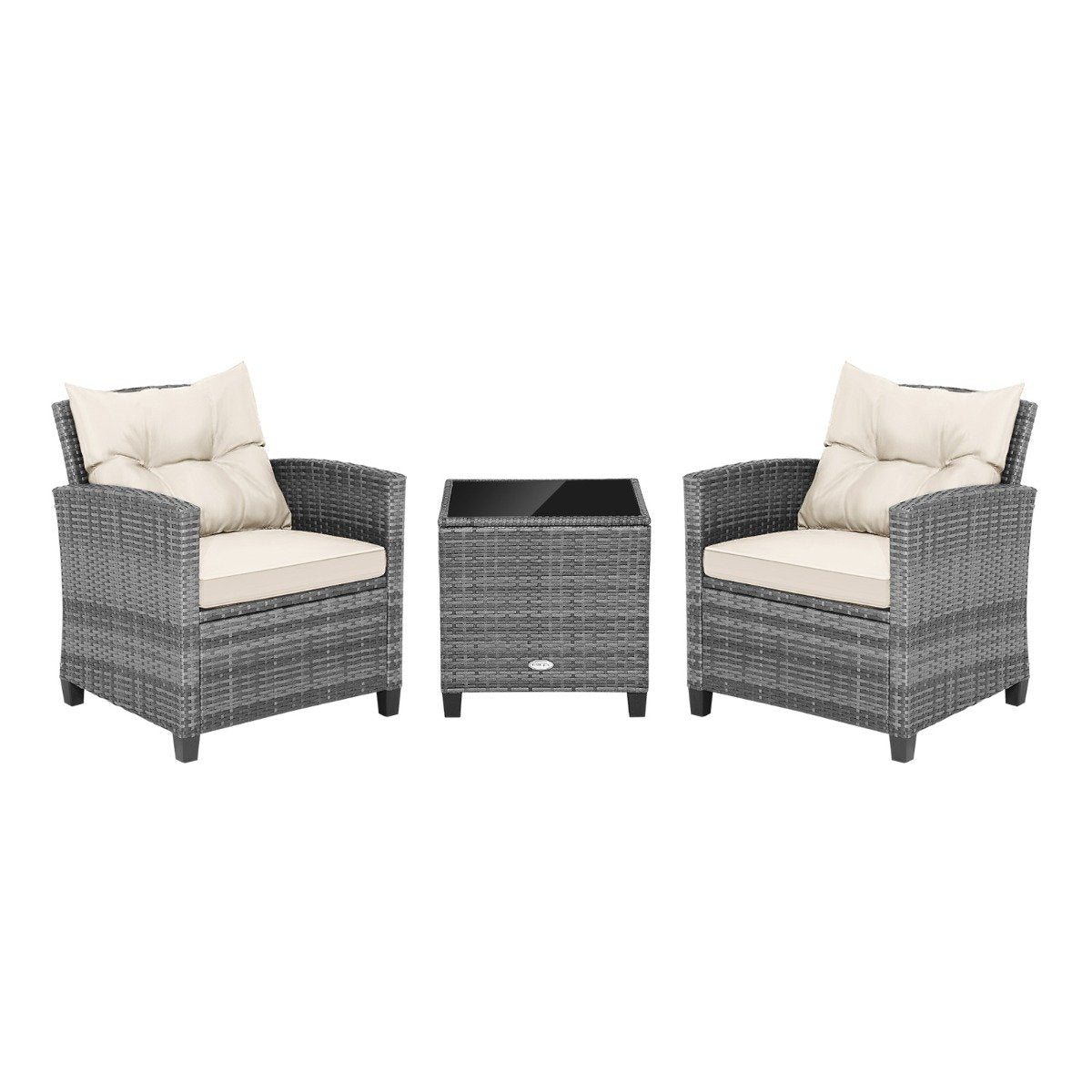 3 Piece Patio Rattan Sofa Set with Solid Tempered Glass Tabletop and Heavy-Duty Steel Frame-Navy