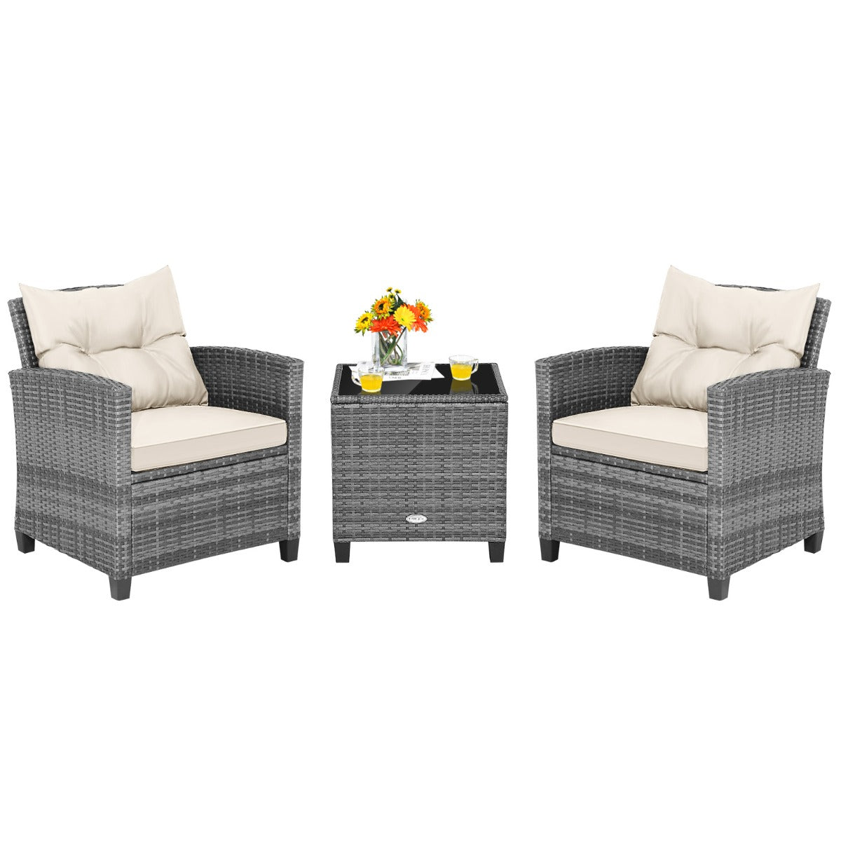 3 Piece Patio Rattan Sofa Set with Solid Tempered Glass Tabletop and Heavy-Duty Steel Frame-Navy