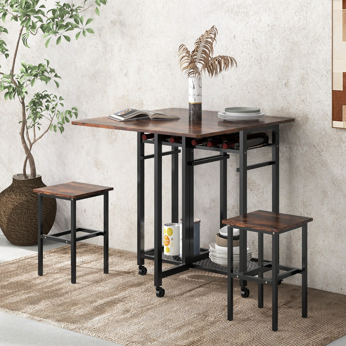 3 Pieces Extendable Dining Table Set with 6-Bottle Wine Rack-Brown