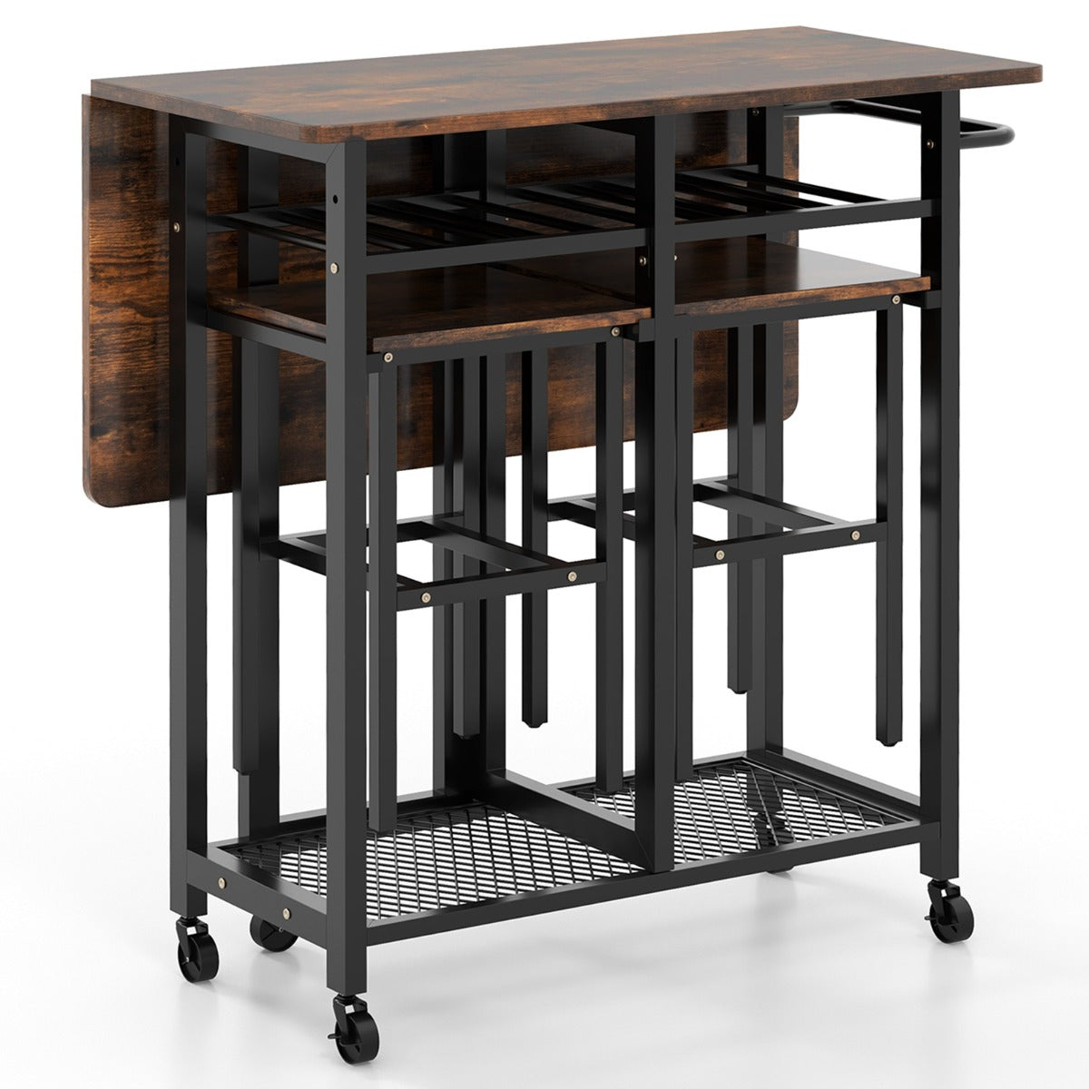 3 Pieces Extendable Dining Table Set with 6-Bottle Wine Rack-Brown