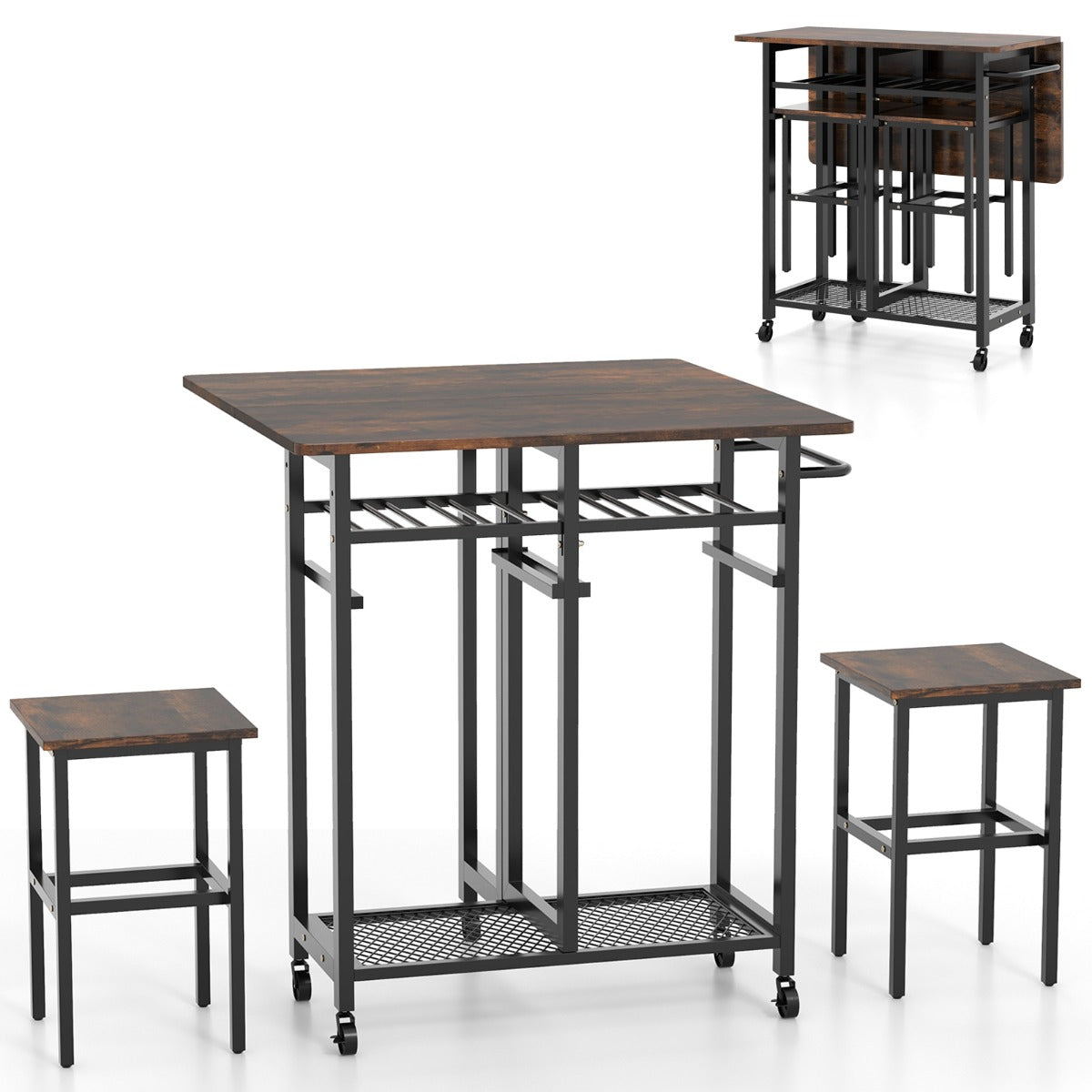 3 Pieces Extendable Dining Table Set with 6-Bottle Wine Rack-Brown