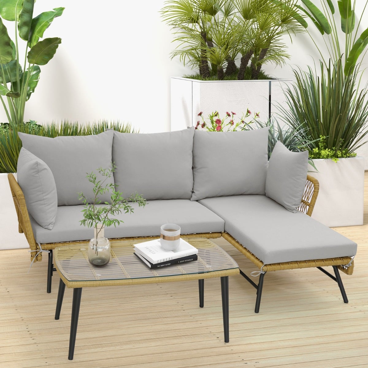 3 Pieces L-Shaped Patio Conversation Set with Tempered Glass Table-Beige