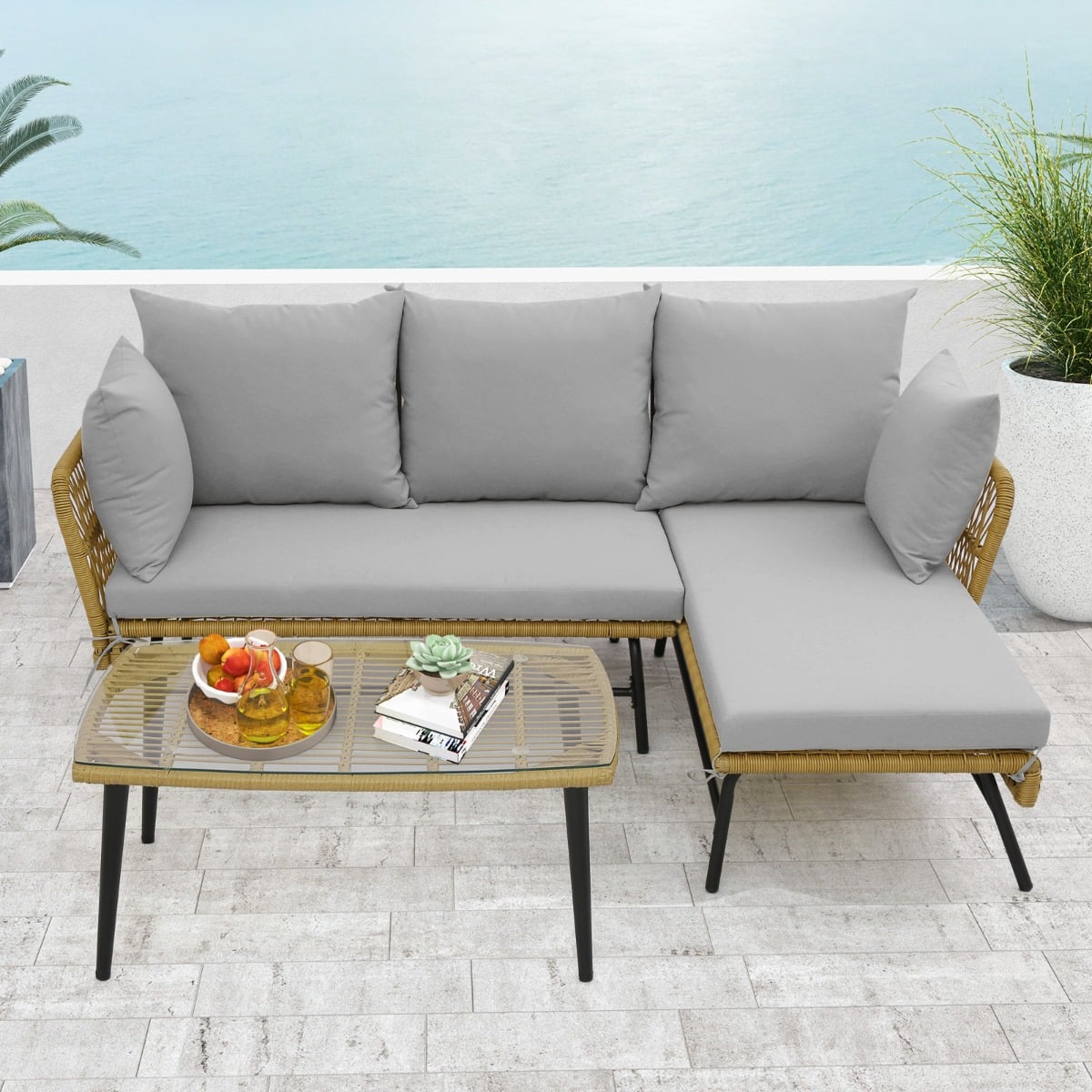 3 Pieces L-Shaped Patio Conversation Set with Tempered Glass Table-Beige