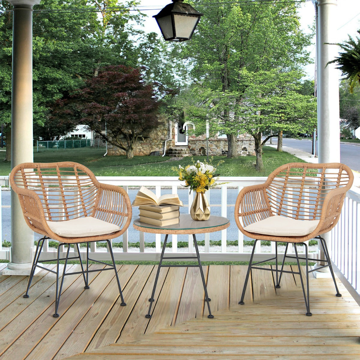 3 Pieces Patio Bistro Set with White Fabric Replacements-Black