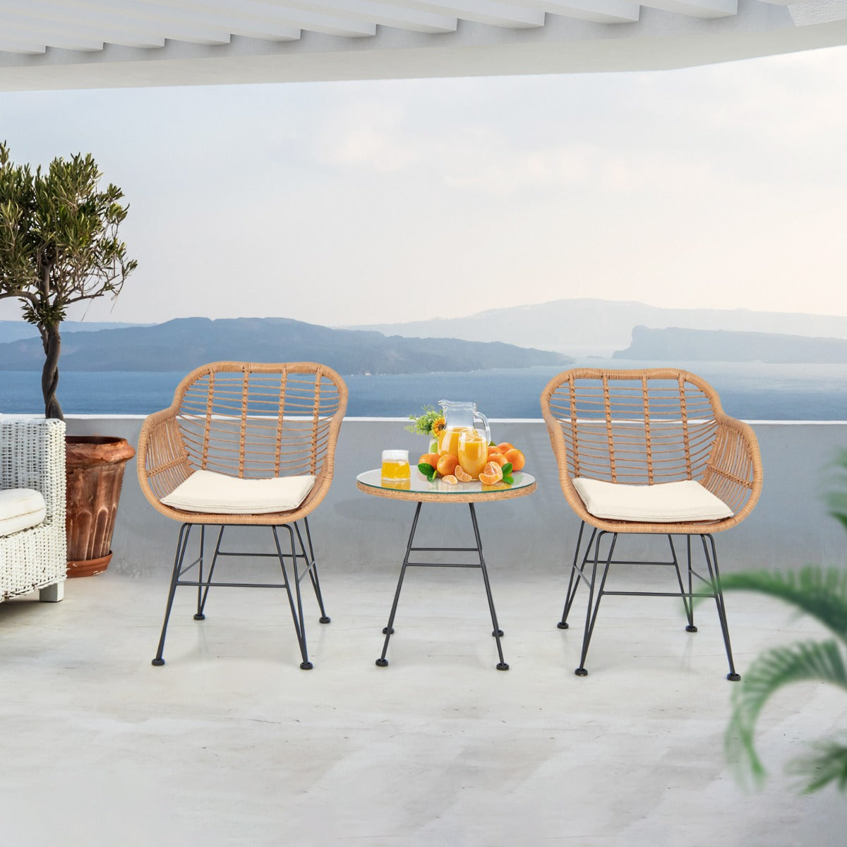 3 Pieces Patio Bistro Set with White Fabric Replacements-Black