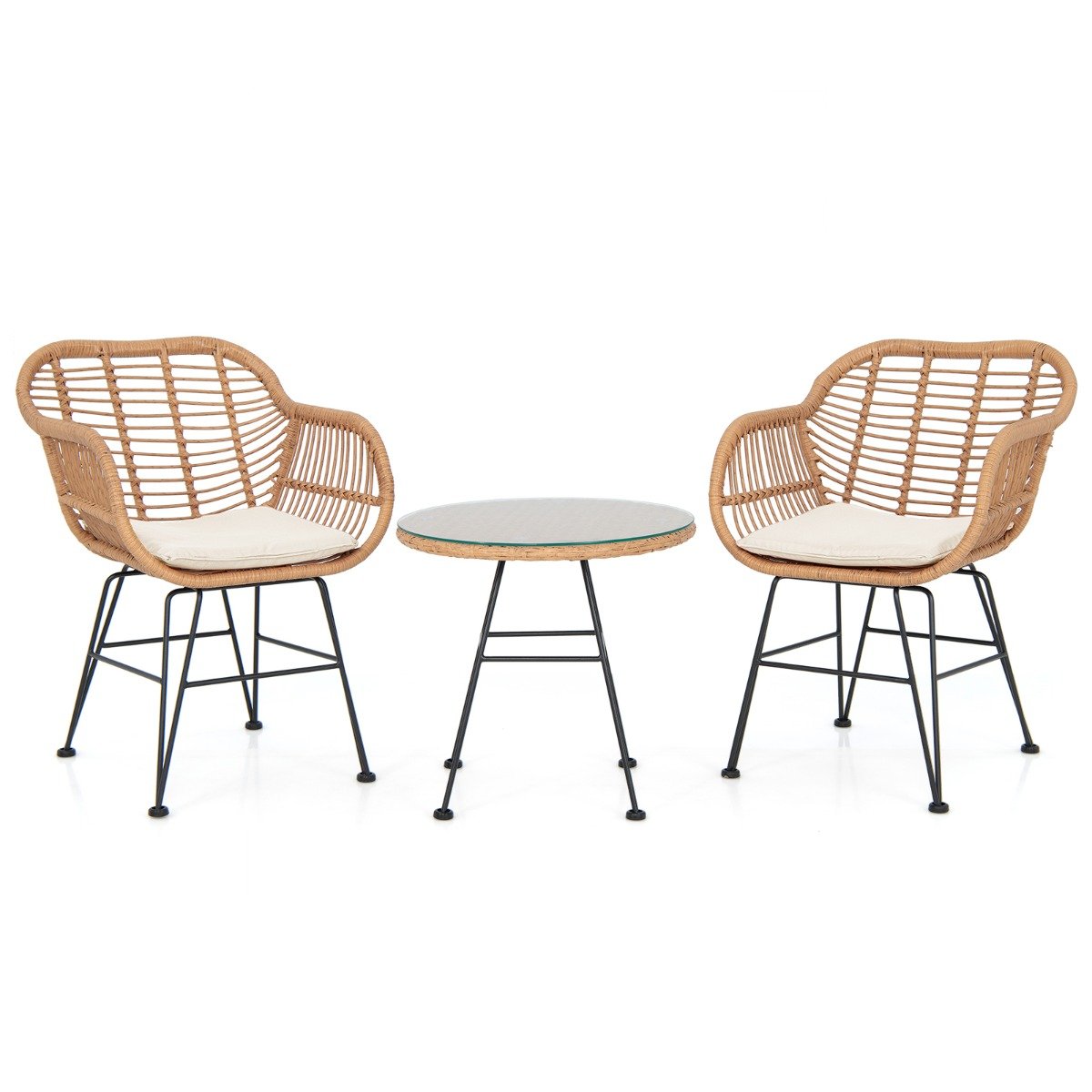 3 Pieces Patio Bistro Set with White Fabric Replacements-Black