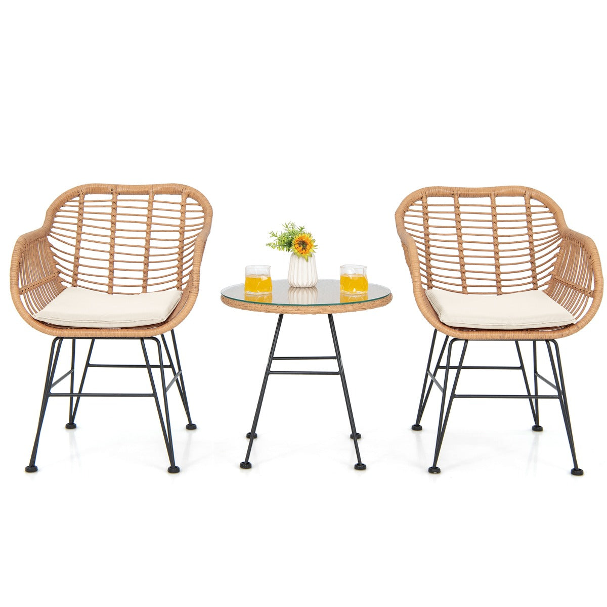 3 Pieces Patio Bistro Set with White Fabric Replacements-Black