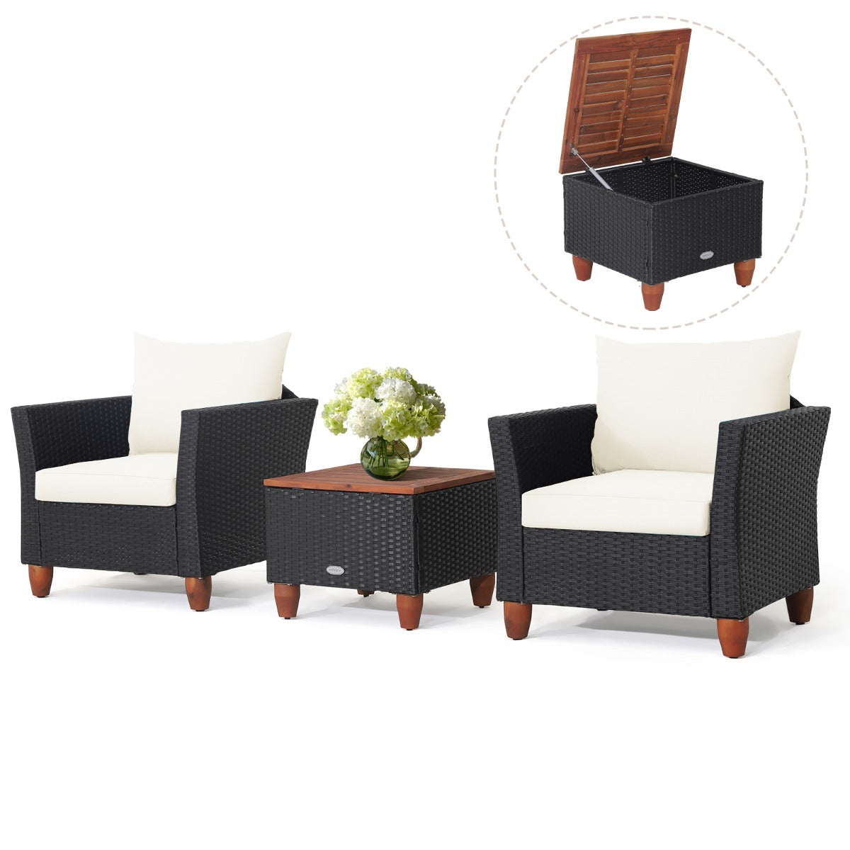 3 Pieces Patio Porch Furniture Set with Cushions and Storage Table-Black