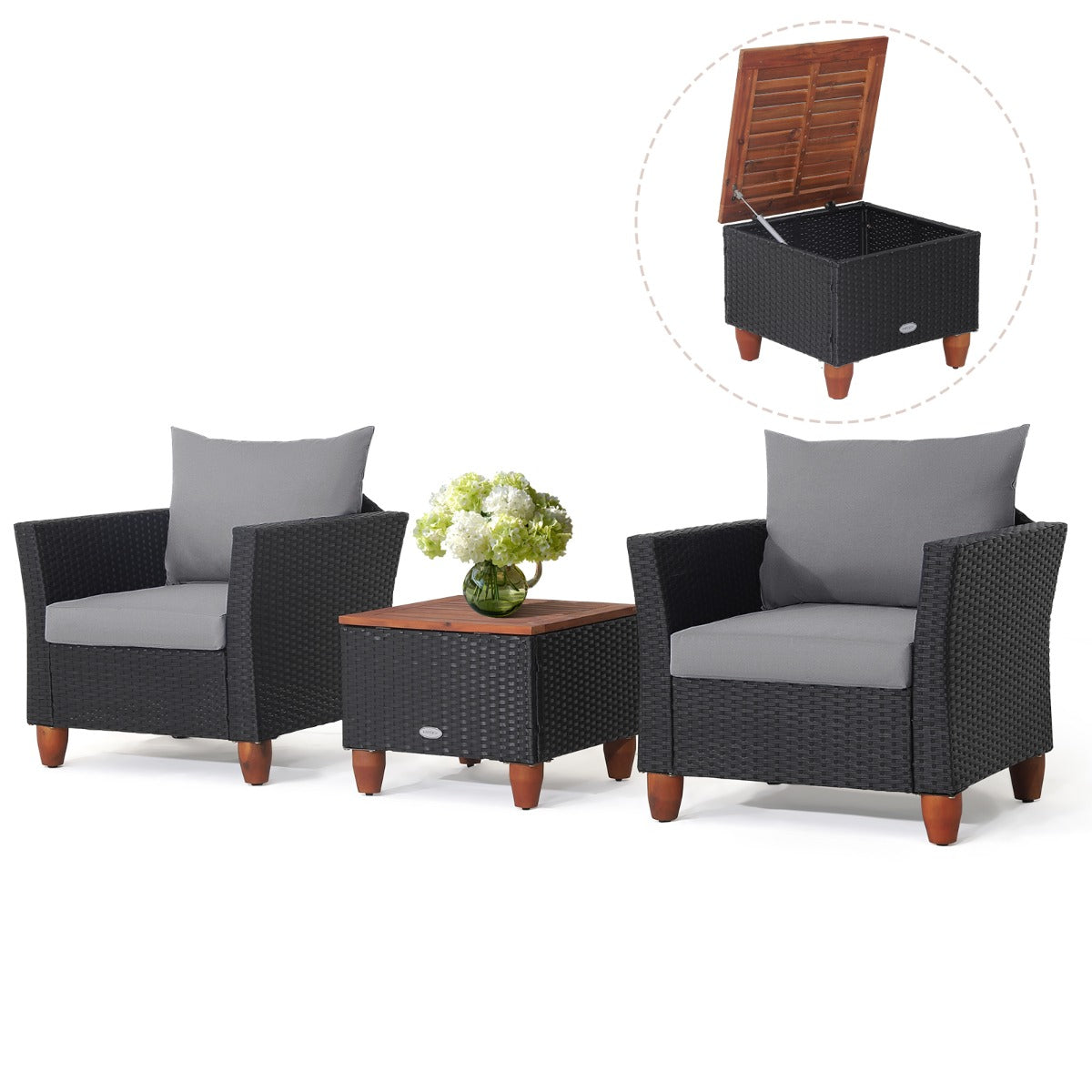 3 Pieces Patio Porch Furniture Set with Cushions and Storage Table-Black