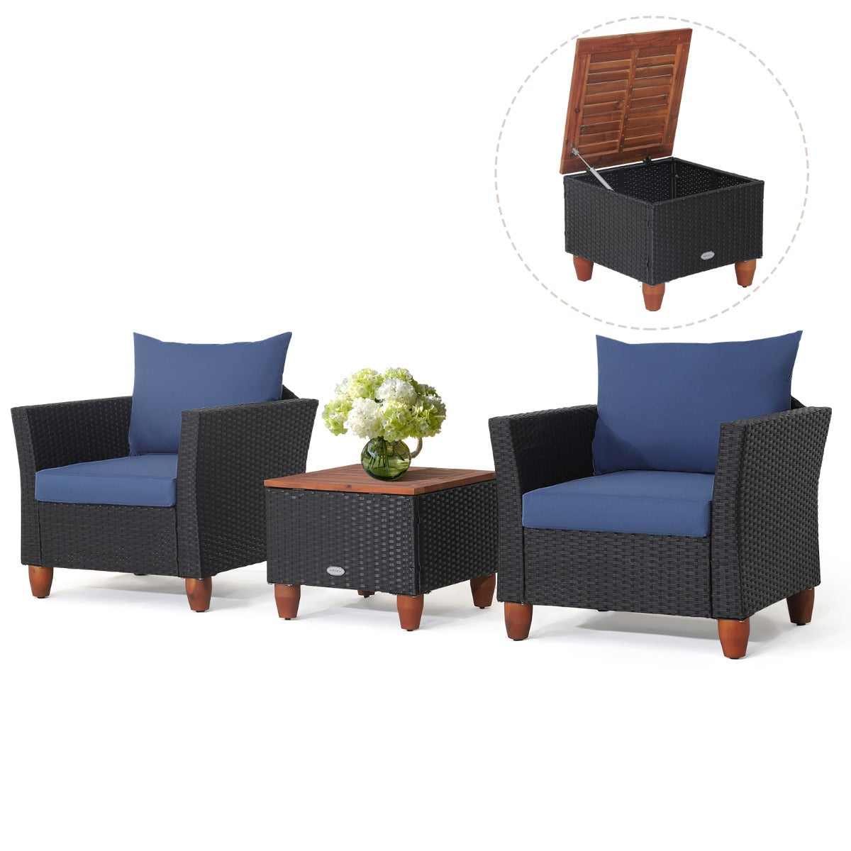 3 Pieces Patio Porch Furniture Set with Cushions and Storage Table-Black