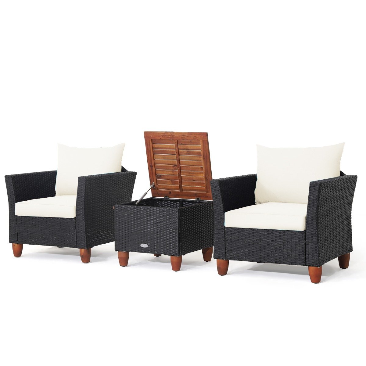 3 Pieces Patio Porch Furniture Set with Cushions and Storage Table-Black