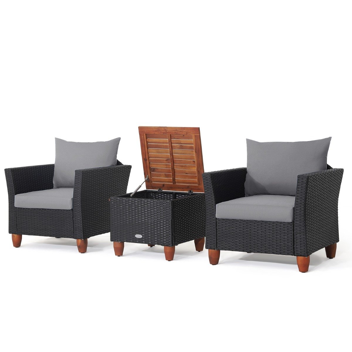 3 Pieces Patio Porch Furniture Set with Cushions and Storage Table-Black