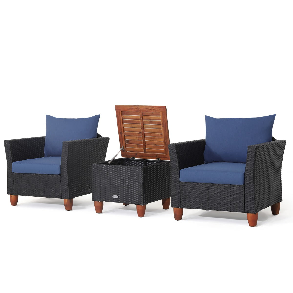 3 Pieces Patio Porch Furniture Set with Cushions and Storage Table-Black