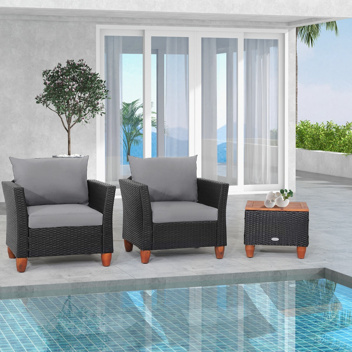 3 Pieces Patio Porch Furniture Set with Cushions and Storage Table-Black