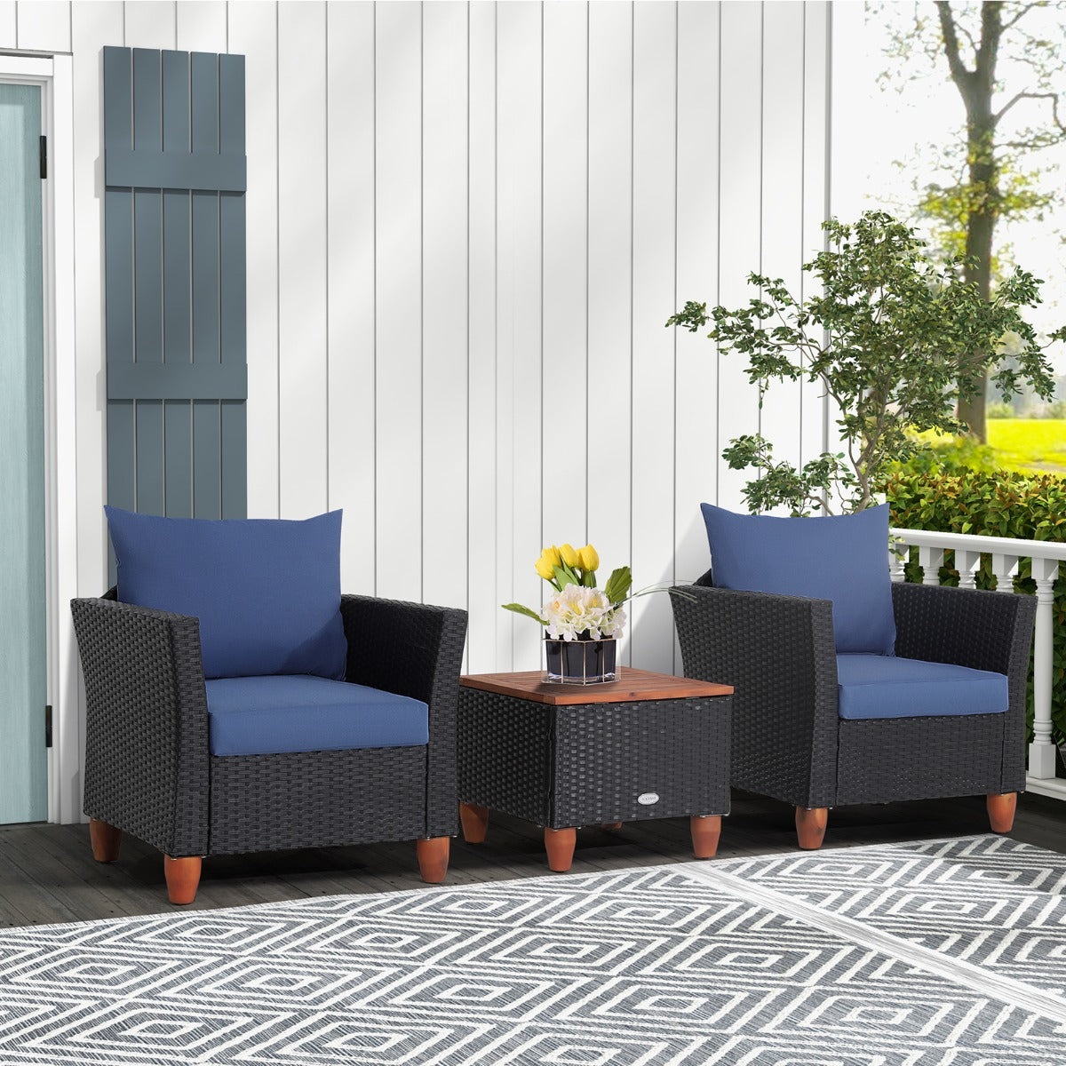 3 Pieces Patio Porch Furniture Set with Cushions and Storage Table-Black