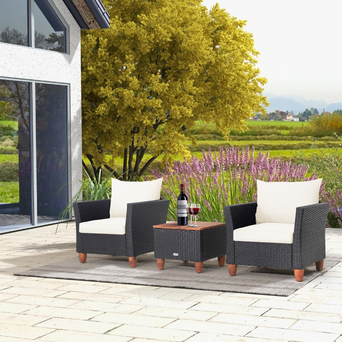 3 Pieces Patio Porch Furniture Set with Cushions and Storage Table-Black