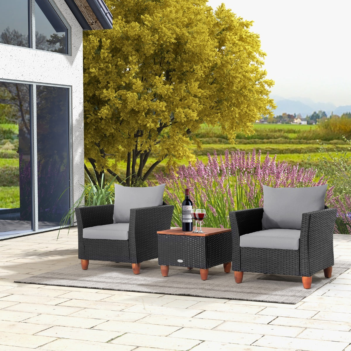 3 Pieces Patio Porch Furniture Set with Cushions and Storage Table-Black