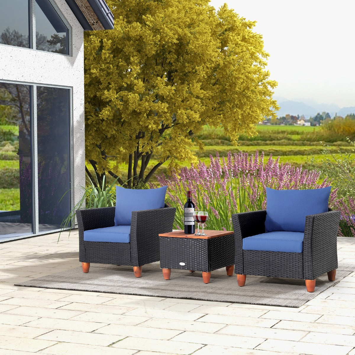 3 Pieces Patio Porch Furniture Set with Cushions and Storage Table-Black