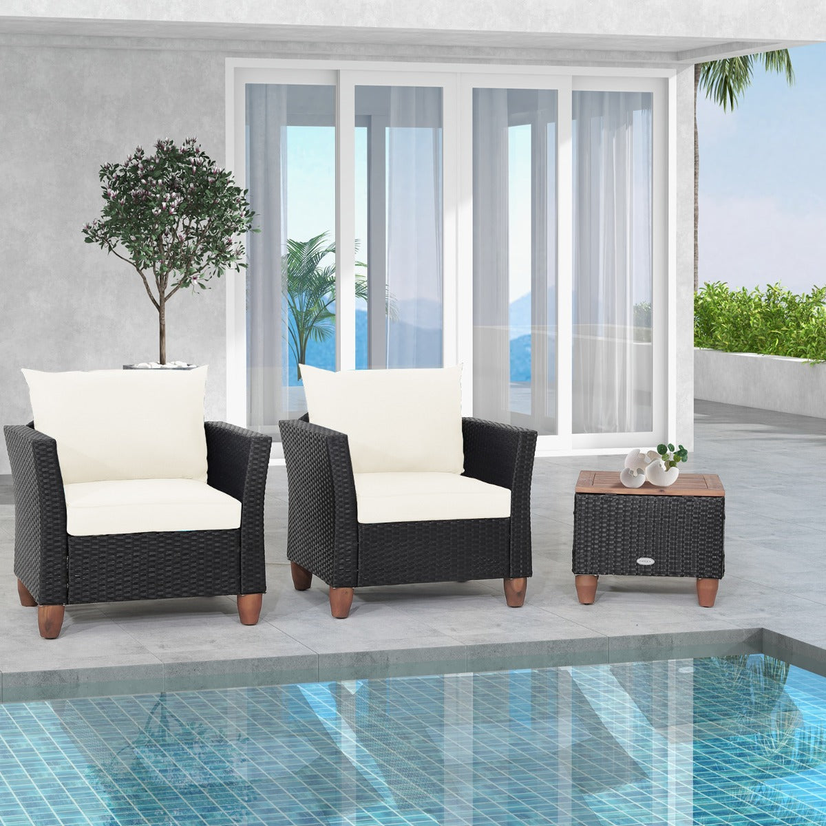 3 Pieces Patio Porch Furniture Set with Cushions and Storage Table-Black