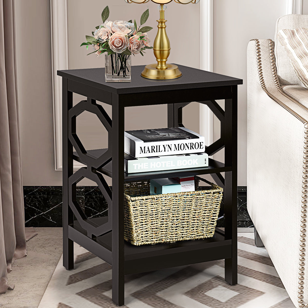 3-Tier Bedside Table with Storage Shelves for Living Room Bedroom Set of 2-White