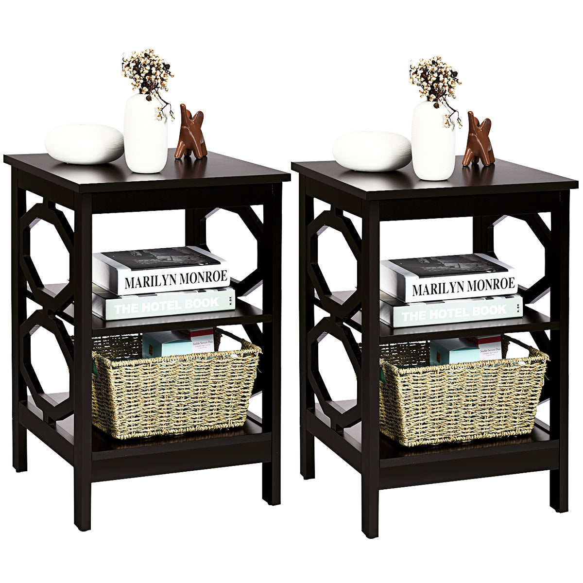 3-Tier Bedside Table with Storage Shelves for Living Room Bedroom Set of 2-White