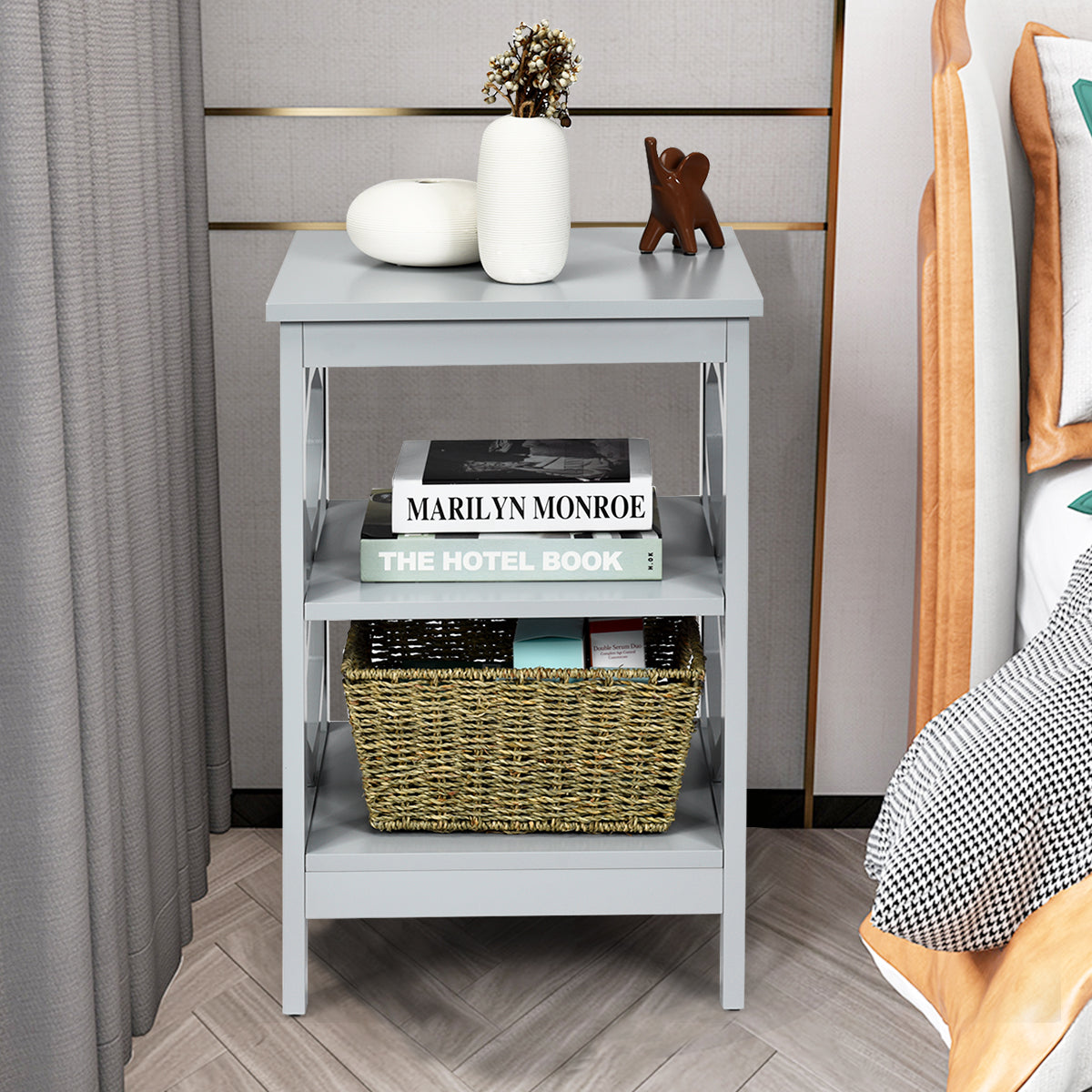 3-Tier Bedside Table with Storage Shelves for Living Room Bedroom Set of 2-White