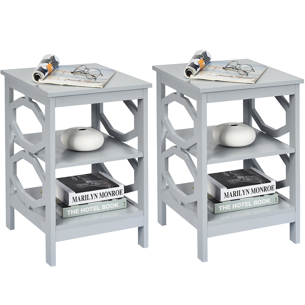 3-Tier Bedside Table with Storage Shelves for Living Room Bedroom Set of 2-White