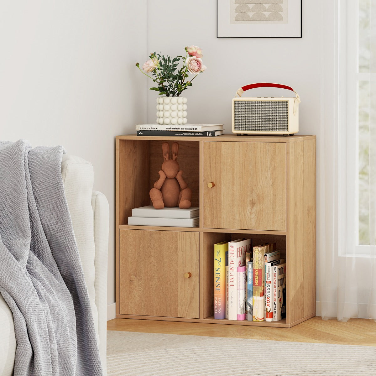 3-Tier Bookshelf with Dual Anti-Tipping Kits and 2 Cabinets-Grey